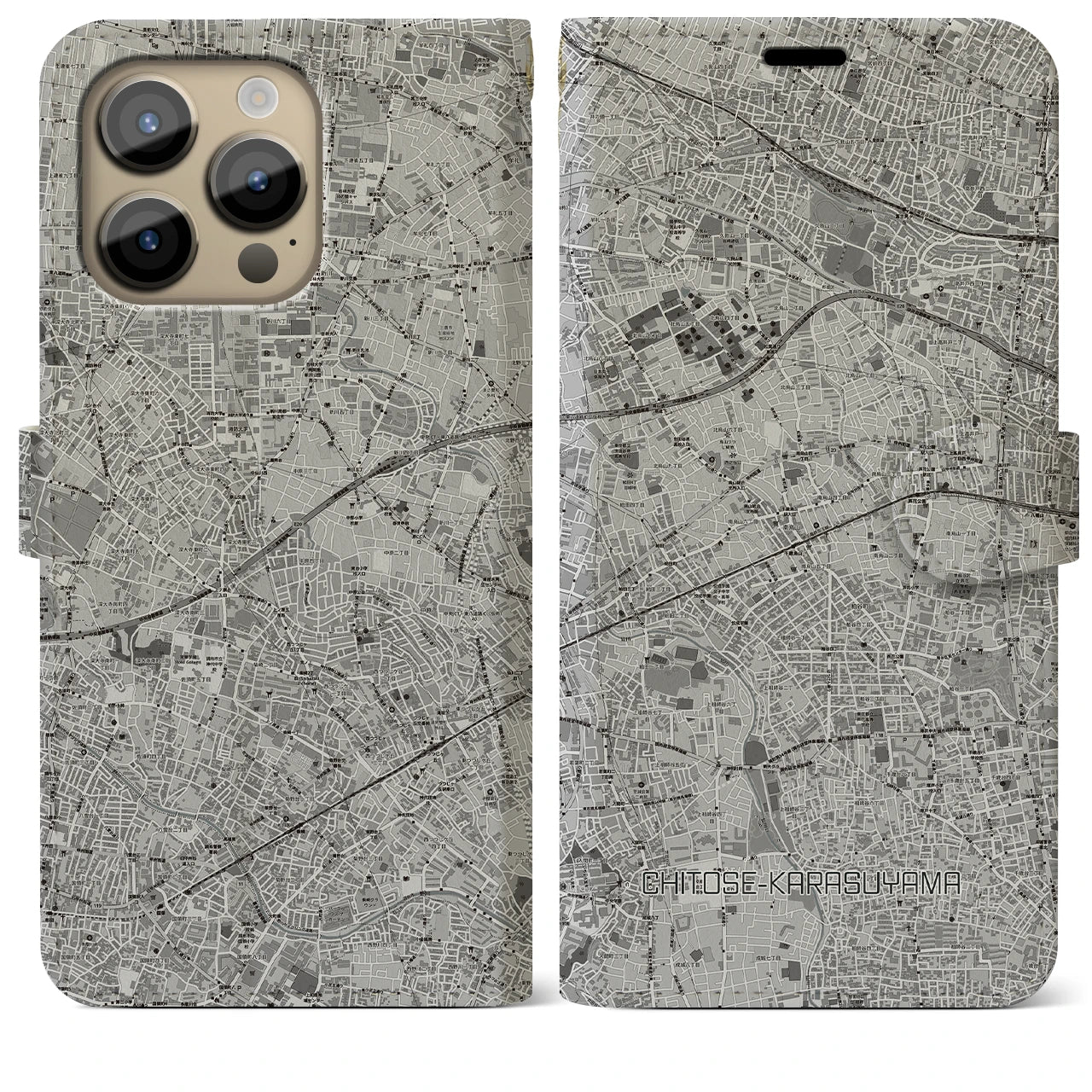 【千歳烏山(東京都)】地図柄iPhoneケース(手帳タイプ)モノトーン・iPhone 14 Pro Max 用