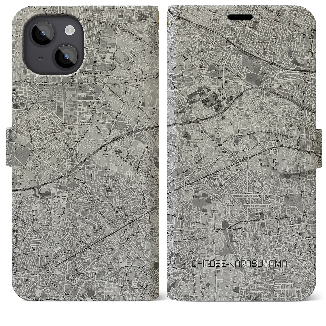 【千歳烏山(東京都)】地図柄iPhoneケース(手帳タイプ)モノトーン・iPhone 14 Plus 用