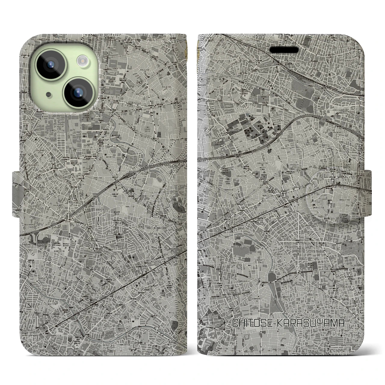 【千歳烏山(東京都)】地図柄iPhoneケース(手帳タイプ)モノトーン・iPhone 15 用
