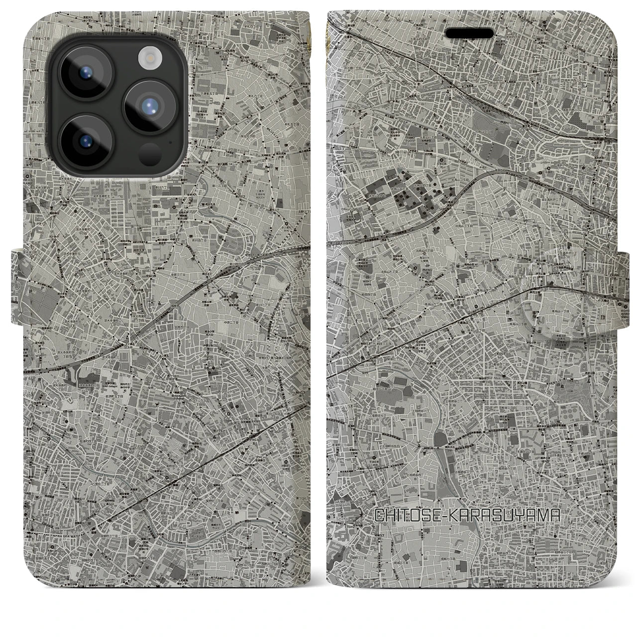 【千歳烏山(東京都)】地図柄iPhoneケース(手帳タイプ)モノトーン・iPhone 15 Pro Max 用