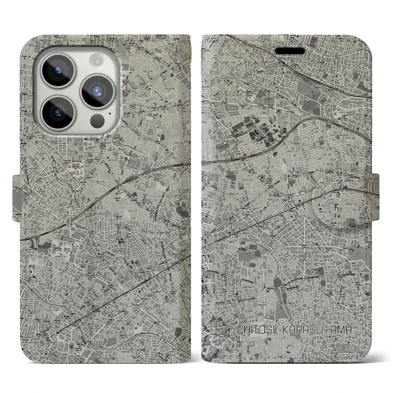【千歳烏山(東京都)】地図柄iPhoneケース(手帳タイプ)モノトーン・iPhone 15 Pro 用