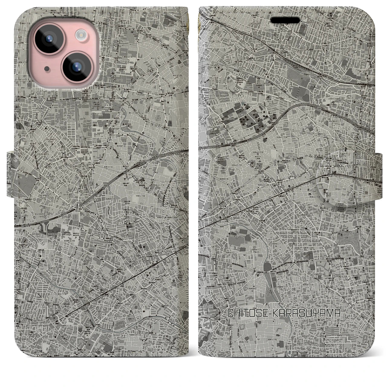 【千歳烏山(東京都)】地図柄iPhoneケース(手帳タイプ)モノトーン・iPhone 15 Plus 用