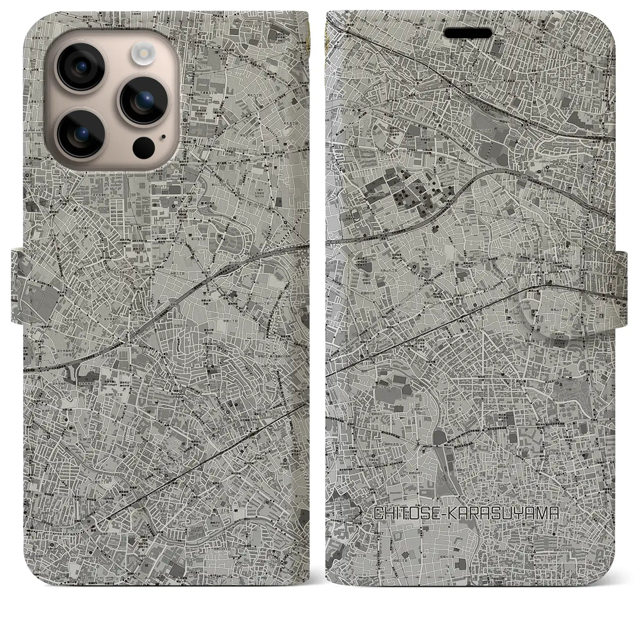 【千歳烏山(東京都)】地図柄iPhoneケース(手帳タイプ)モノトーン・iPhone 16 Plus 用