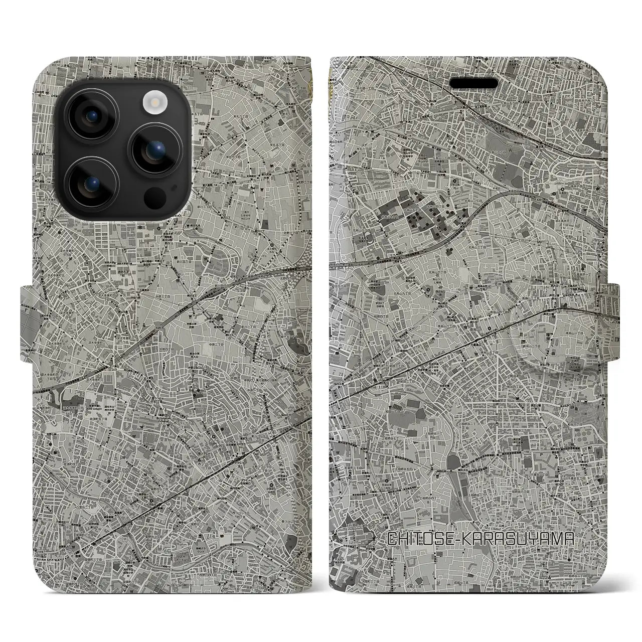 【千歳烏山(東京都)】地図柄iPhoneケース(手帳タイプ)モノトーン・iPhone 16 用