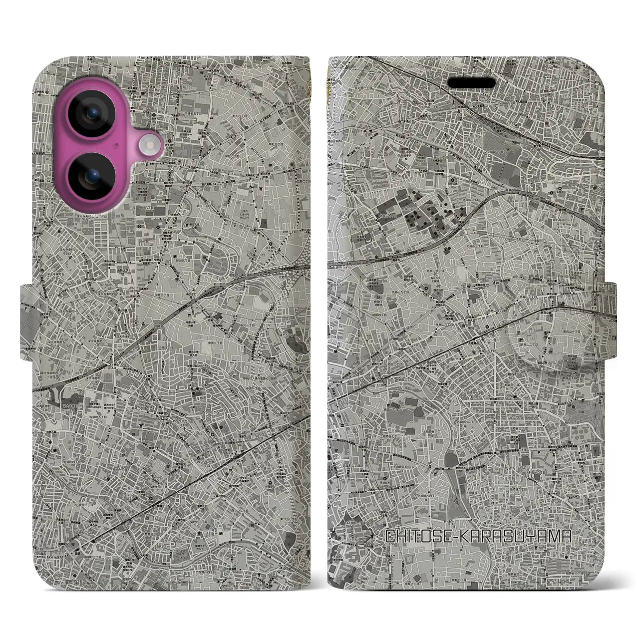 【千歳烏山(東京都)】地図柄iPhoneケース(手帳タイプ)モノトーン・iPhone 16 Pro 用