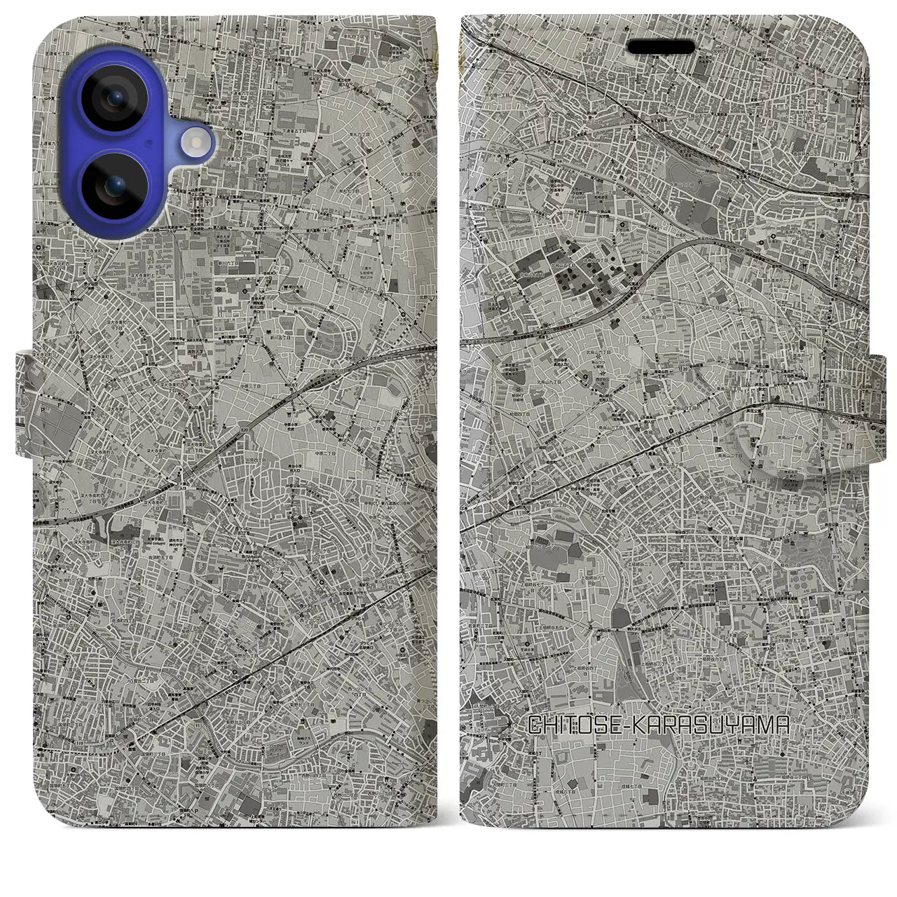【千歳烏山(東京都)】地図柄iPhoneケース(手帳タイプ)モノトーン・iPhone 16 Pro Max 用