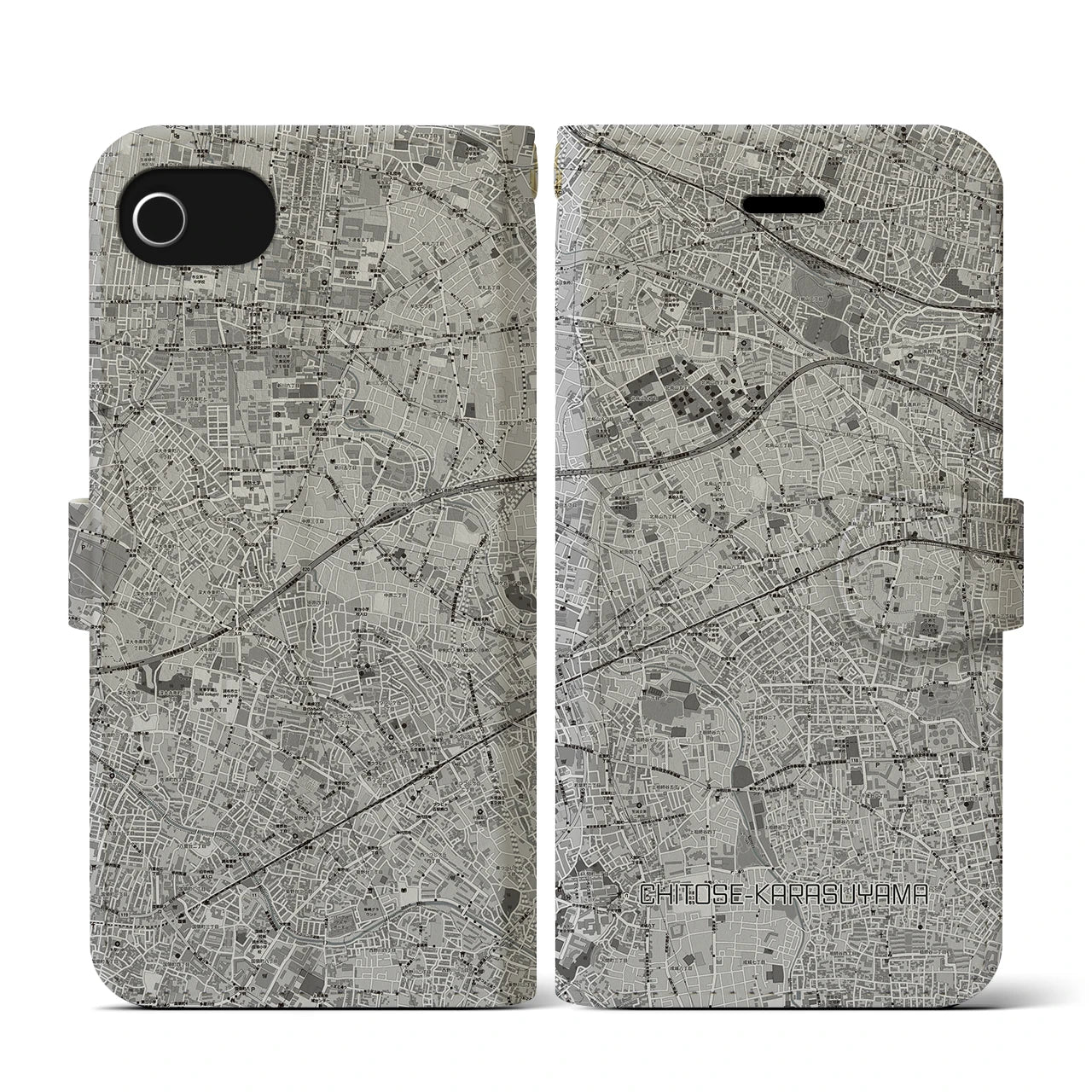 【千歳烏山(東京都)】地図柄iPhoneケース(手帳タイプ)モノトーン・iPhone SE(第3 / 第2世代) / 8 / 7 / 6s / 6 用