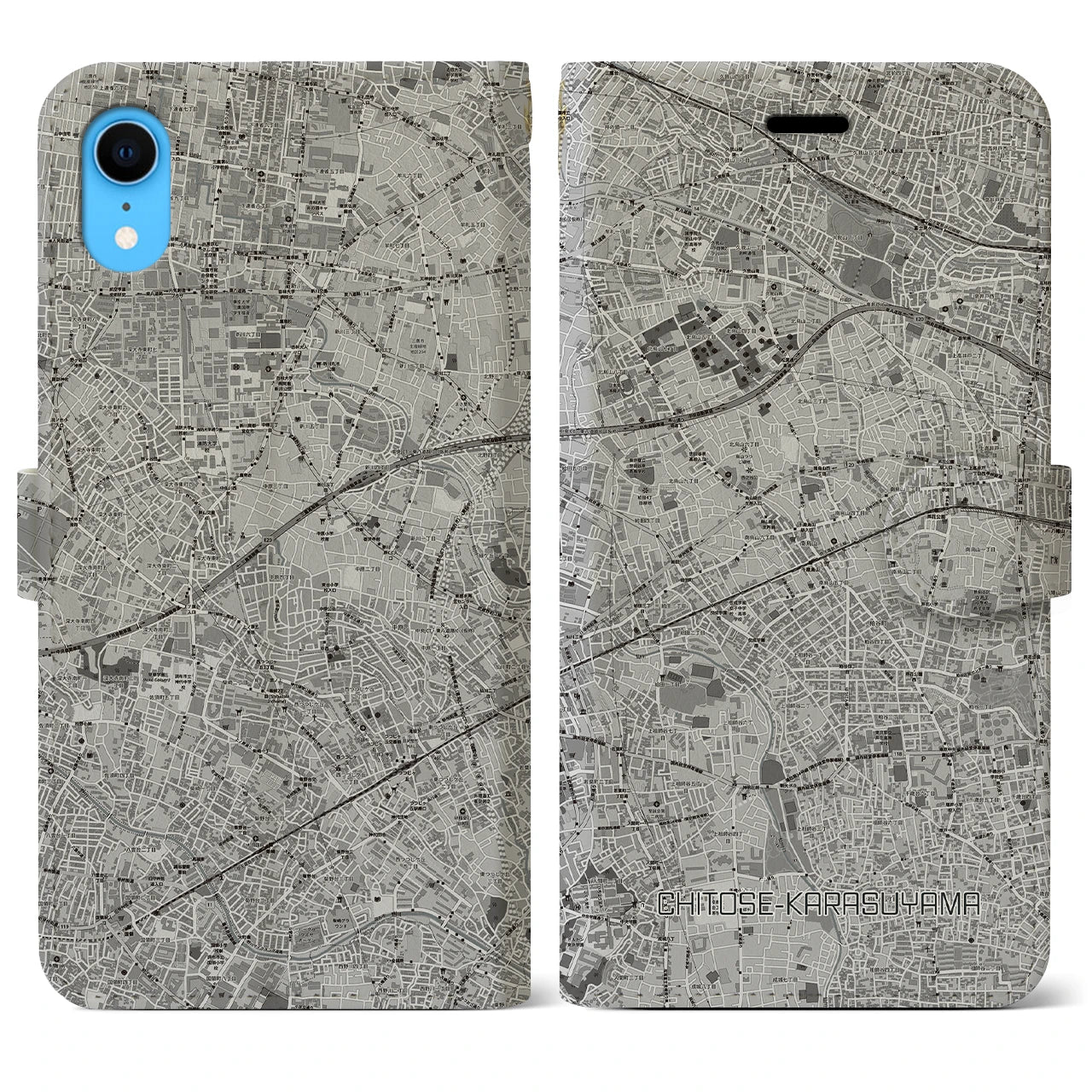 【千歳烏山(東京都)】地図柄iPhoneケース(手帳タイプ)モノトーン・iPhone XR 用