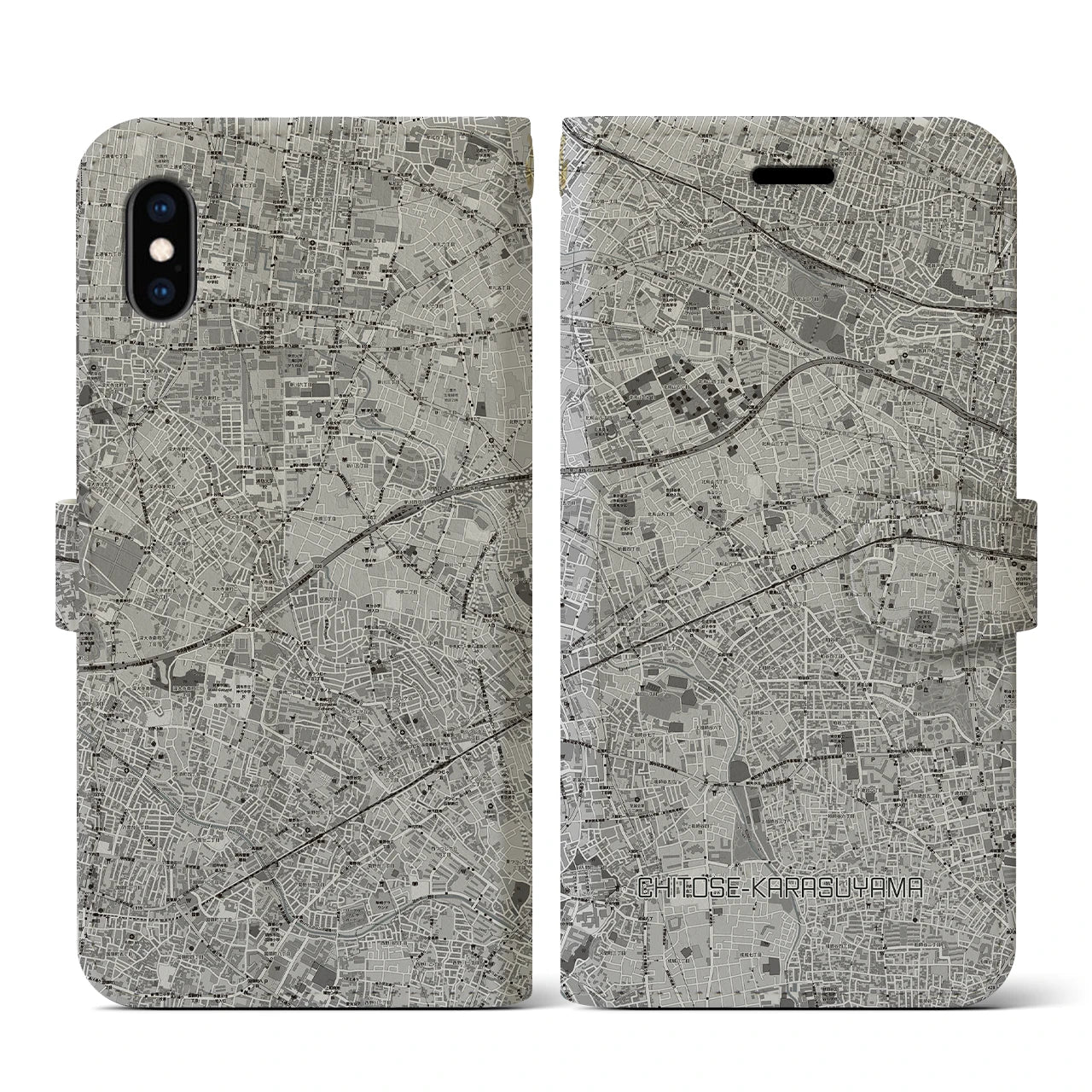 【千歳烏山(東京都)】地図柄iPhoneケース(手帳タイプ)モノトーン・iPhone XS / X 用