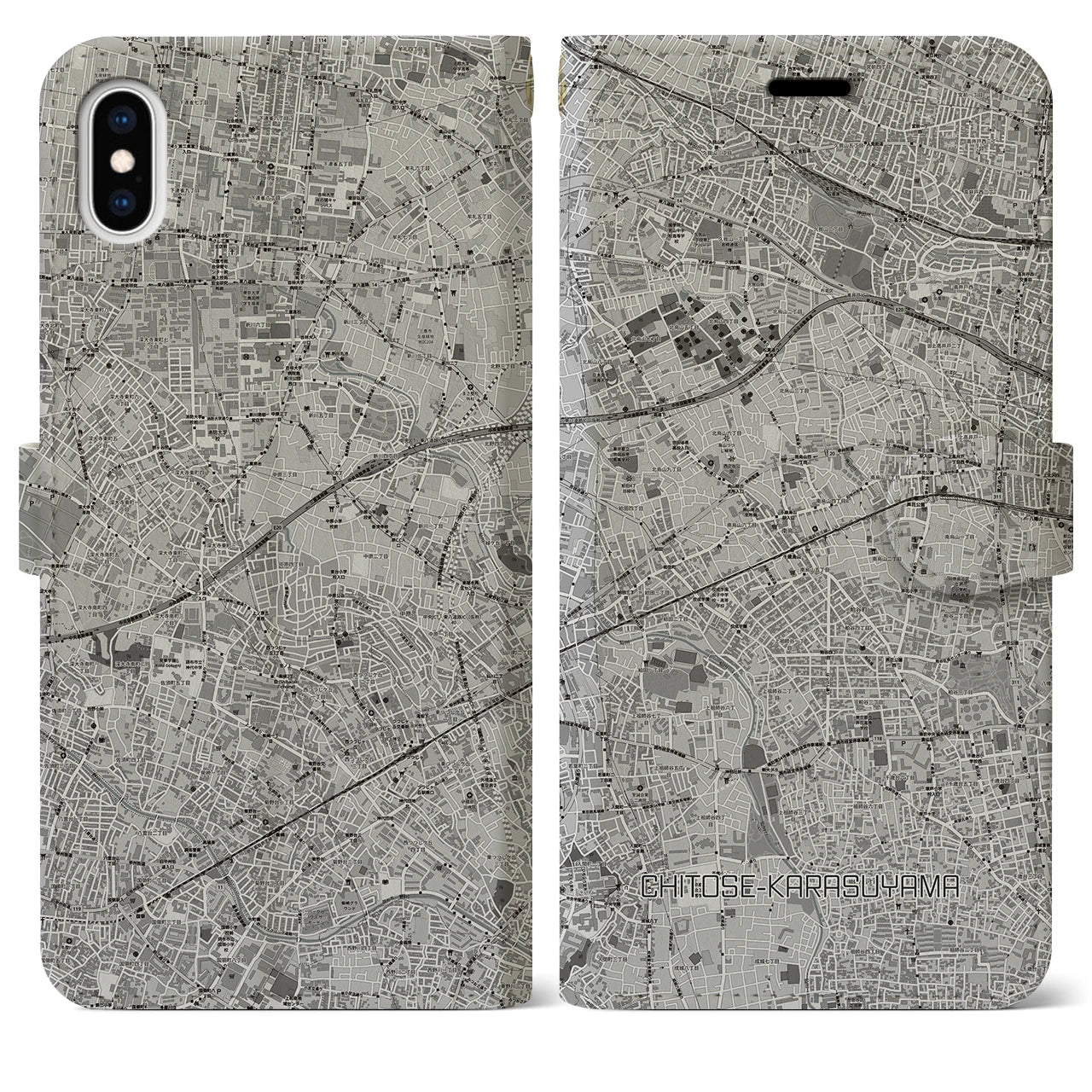 【千歳烏山(東京都)】地図柄iPhoneケース(手帳タイプ)モノトーン・iPhone XS Max 用
