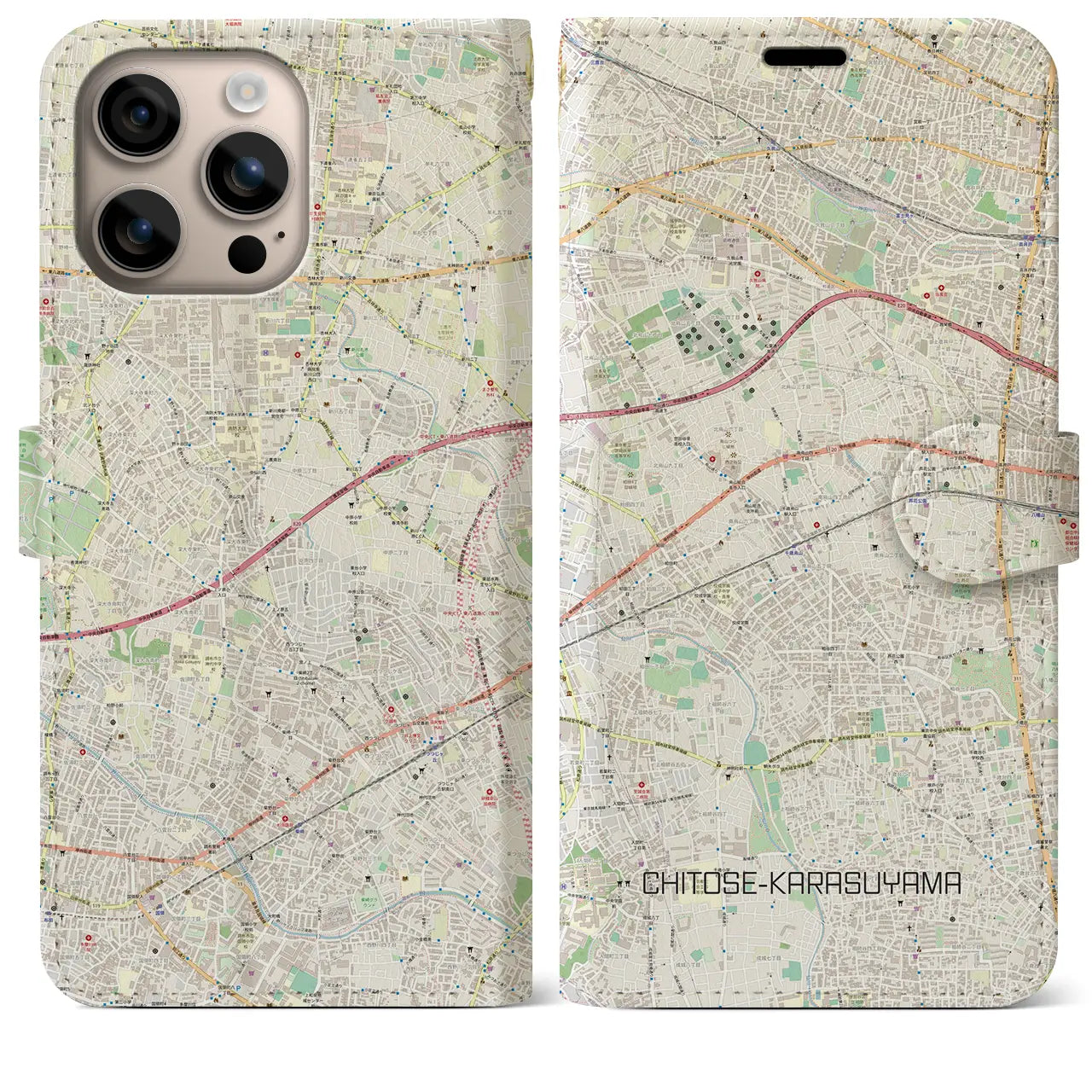 【千歳烏山(東京都)】地図柄iPhoneケース(手帳タイプ)ナチュラル・iPhone 16 Plus 用