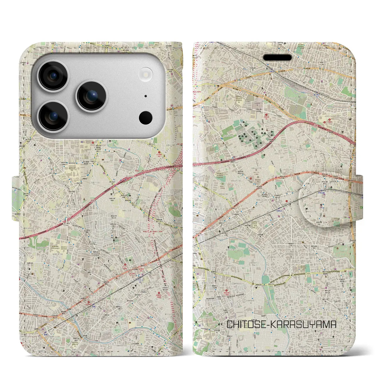 【千歳烏山(東京都)】地図柄iPhoneケース(手帳タイプ)ナチュラル・iPhone 17 Pro Max 用