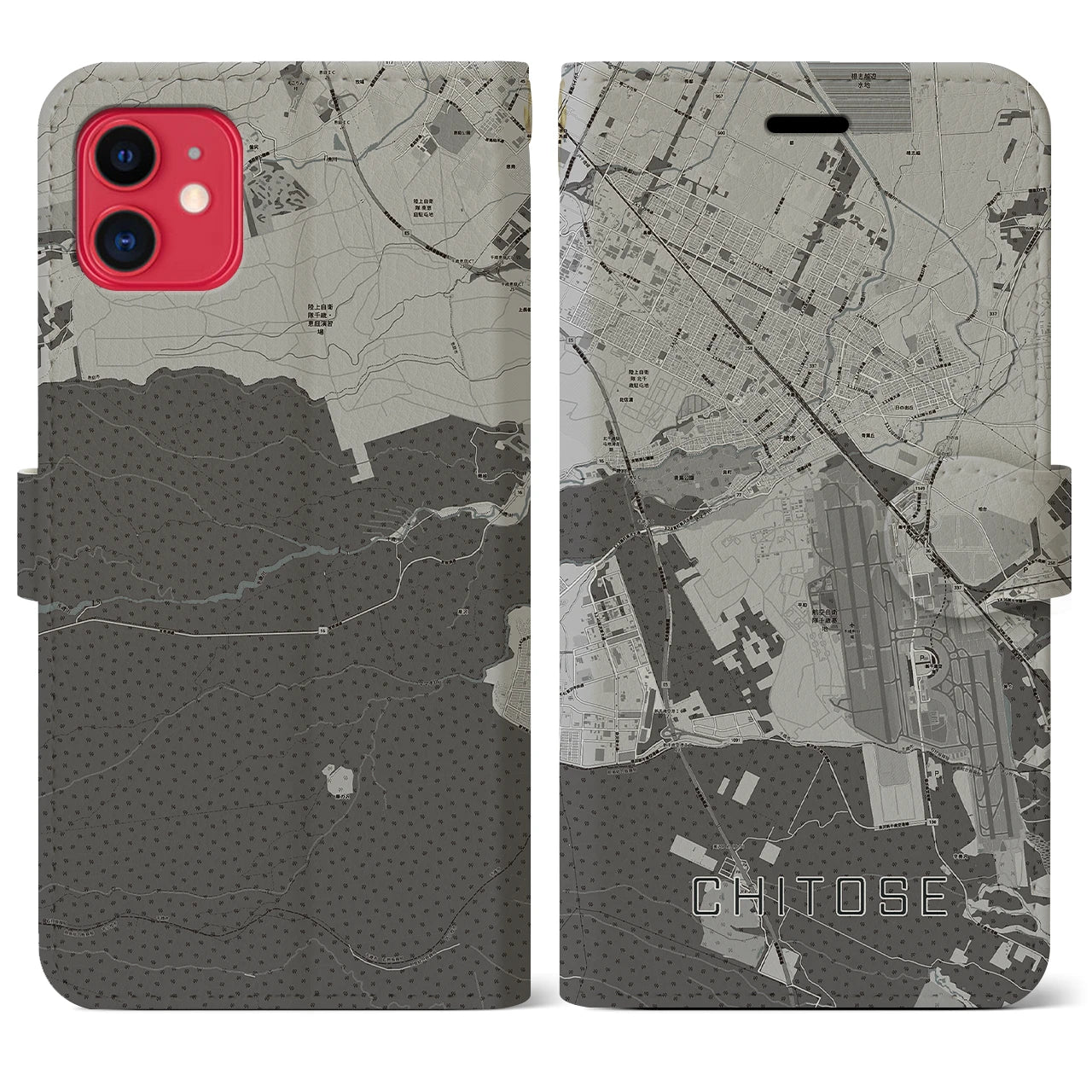【千歳(北海道)】地図柄iPhoneケース(手帳タイプ)モノトーン・iPhone 11 用