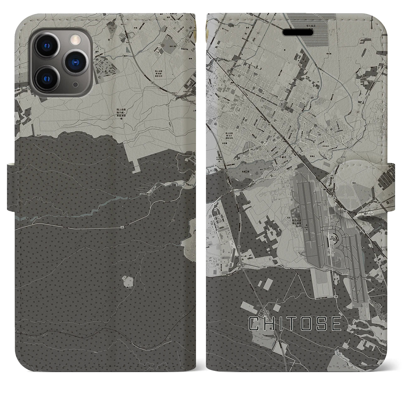 【千歳(北海道)】地図柄iPhoneケース(手帳タイプ)モノトーン・iPhone 11 Pro Max 用