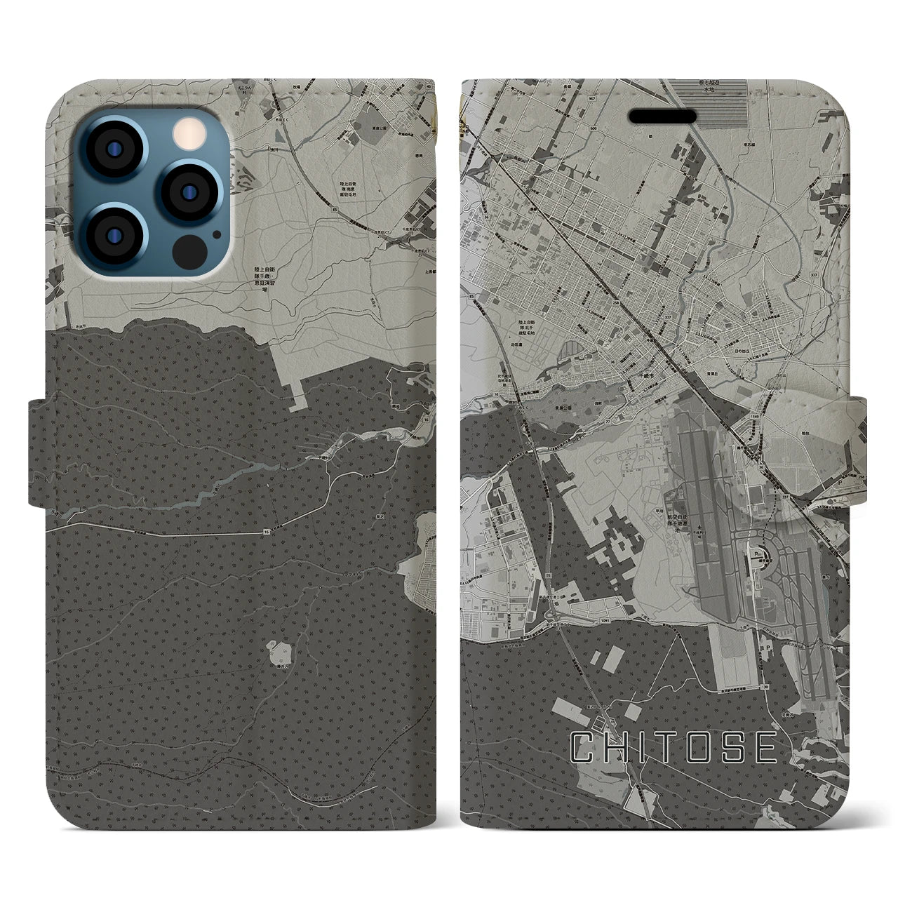 【千歳(北海道)】地図柄iPhoneケース(手帳タイプ)モノトーン・iPhone 12 / 12 Pro 用