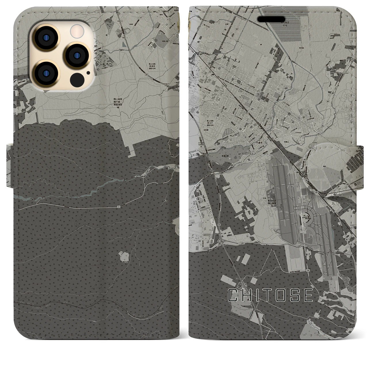 【千歳(北海道)】地図柄iPhoneケース(手帳タイプ)モノトーン・iPhone 12 Pro Max 用