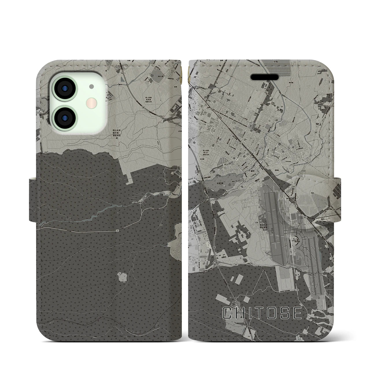 【千歳(北海道)】地図柄iPhoneケース(手帳タイプ)モノトーン・iPhone 12 mini 用