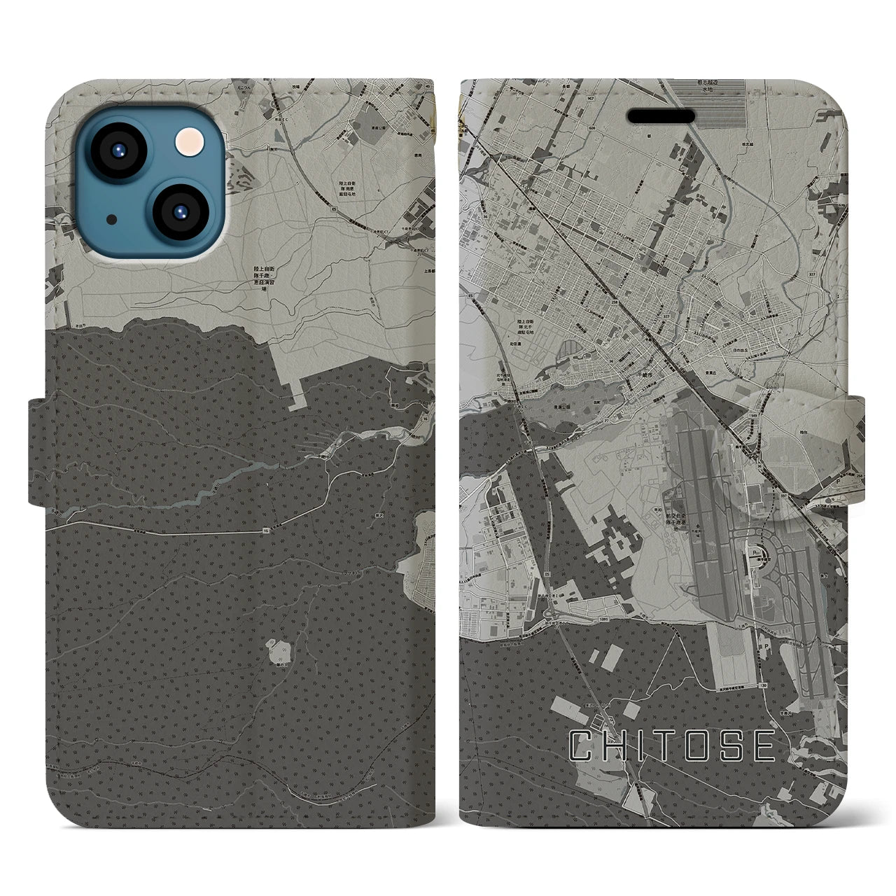 【千歳(北海道)】地図柄iPhoneケース(手帳タイプ)モノトーン・iPhone 13 用