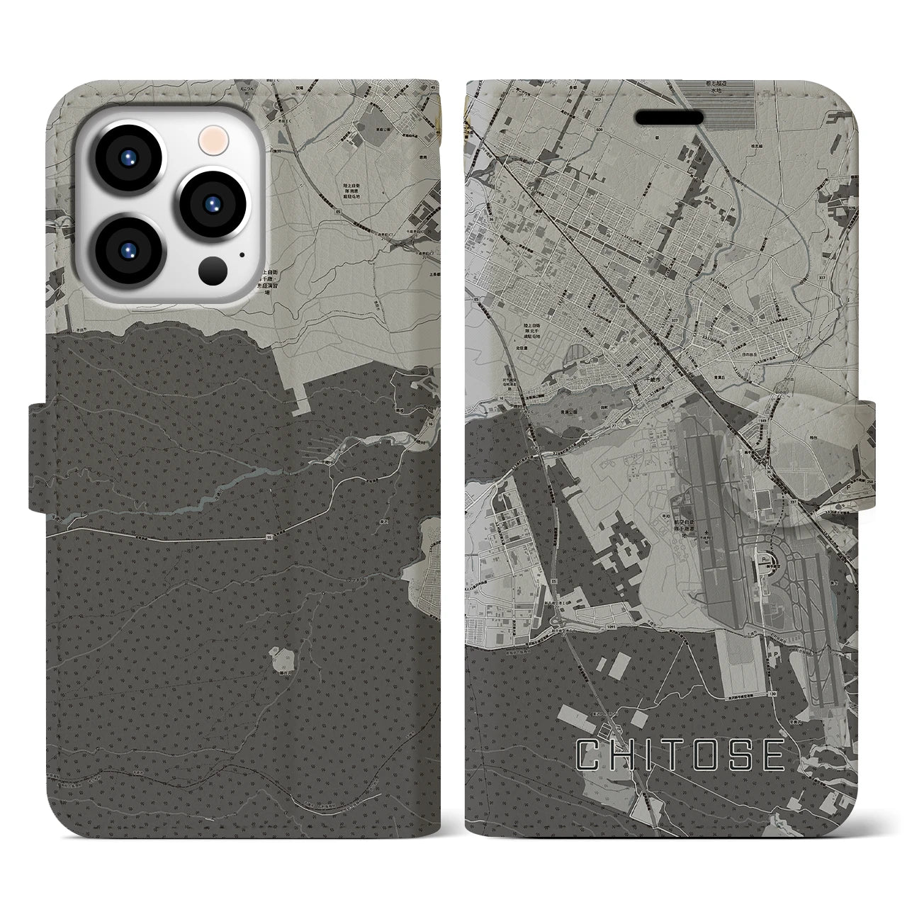 【千歳(北海道)】地図柄iPhoneケース(手帳タイプ)モノトーン・iPhone 13 Pro 用