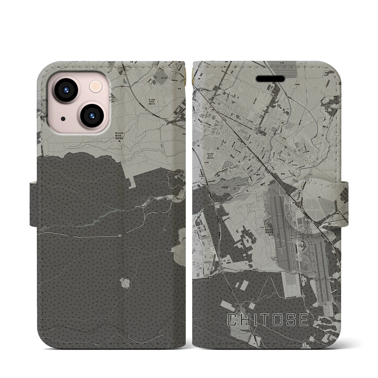 【千歳(北海道)】地図柄iPhoneケース(手帳タイプ)モノトーン・iPhone 13 mini 用