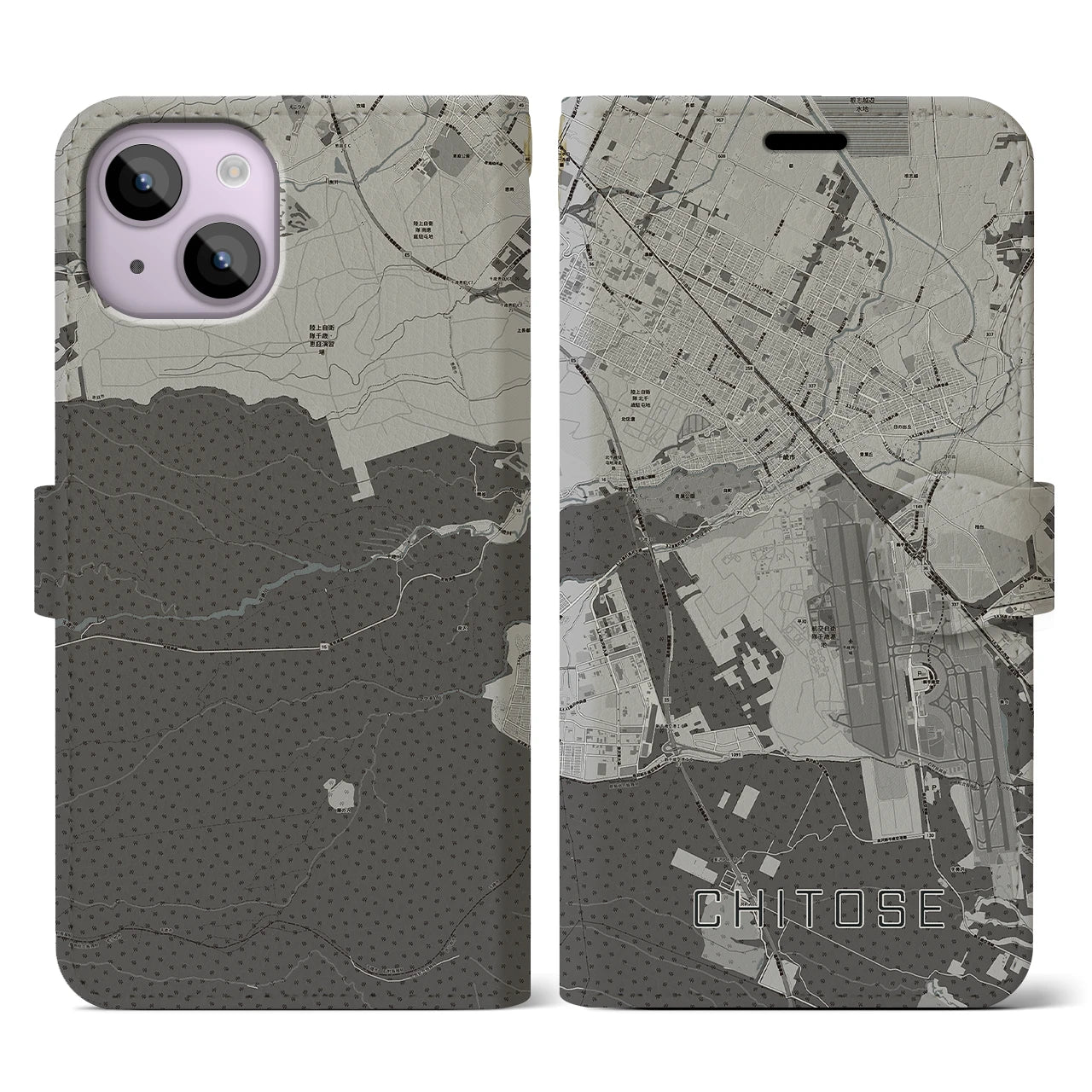 【千歳(北海道)】地図柄iPhoneケース(手帳タイプ)モノトーン・iPhone 14 用