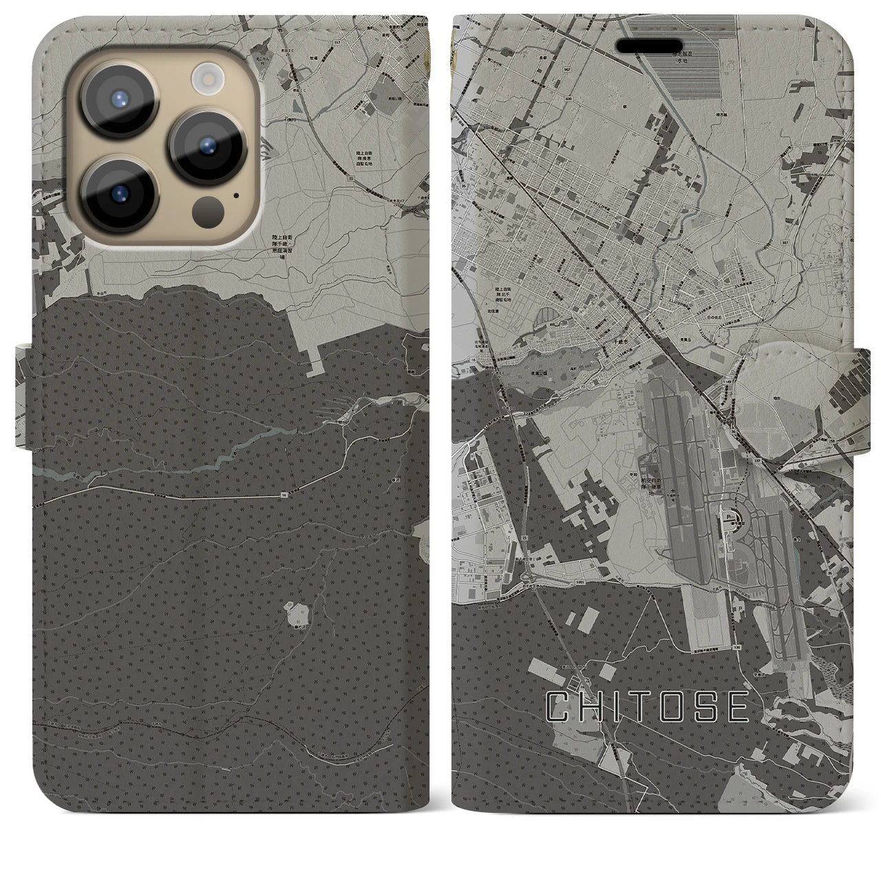 【千歳(北海道)】地図柄iPhoneケース(手帳タイプ)モノトーン・iPhone 14 Pro Max 用