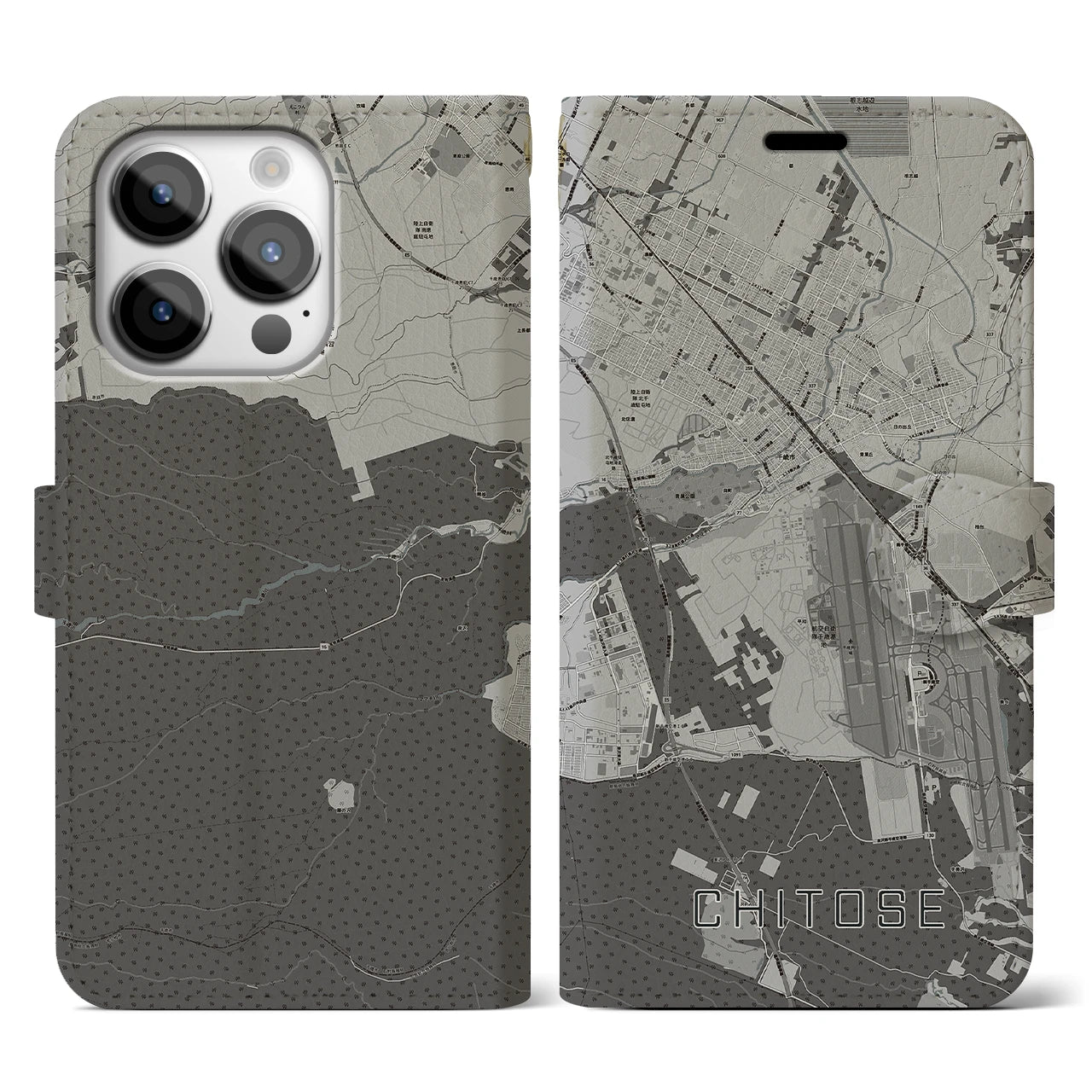 【千歳(北海道)】地図柄iPhoneケース(手帳タイプ)モノトーン・iPhone 14 Pro 用