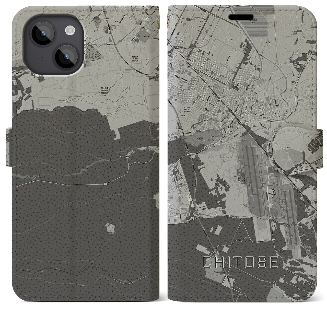 【千歳(北海道)】地図柄iPhoneケース(手帳タイプ)モノトーン・iPhone 14 Plus 用