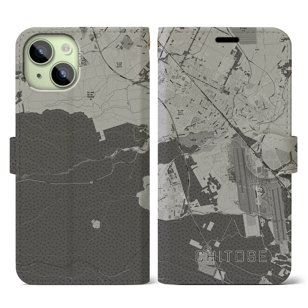 【千歳(北海道)】地図柄iPhoneケース(手帳タイプ)モノトーン・iPhone 15 用