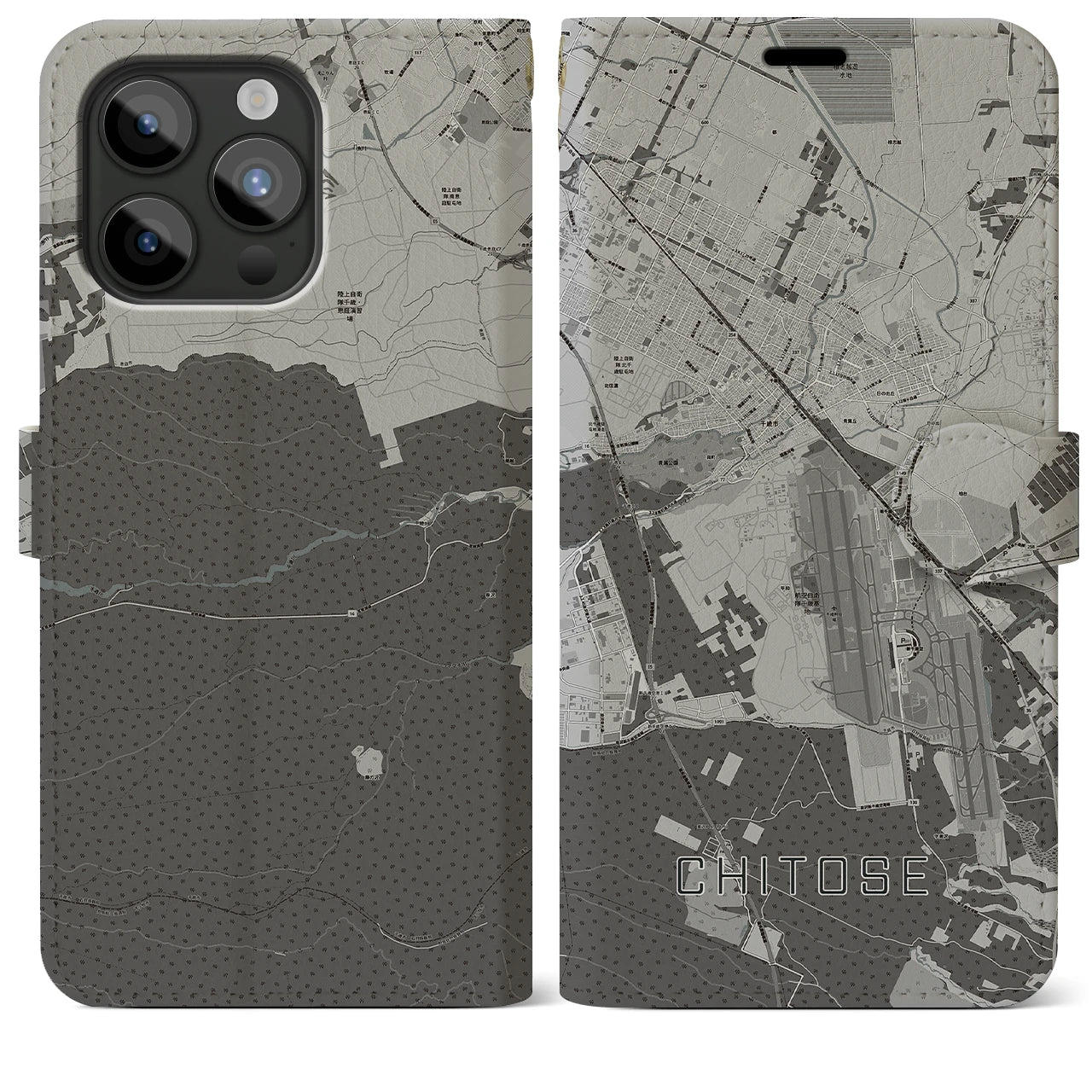 【千歳(北海道)】地図柄iPhoneケース(手帳タイプ)モノトーン・iPhone 15 Pro Max 用