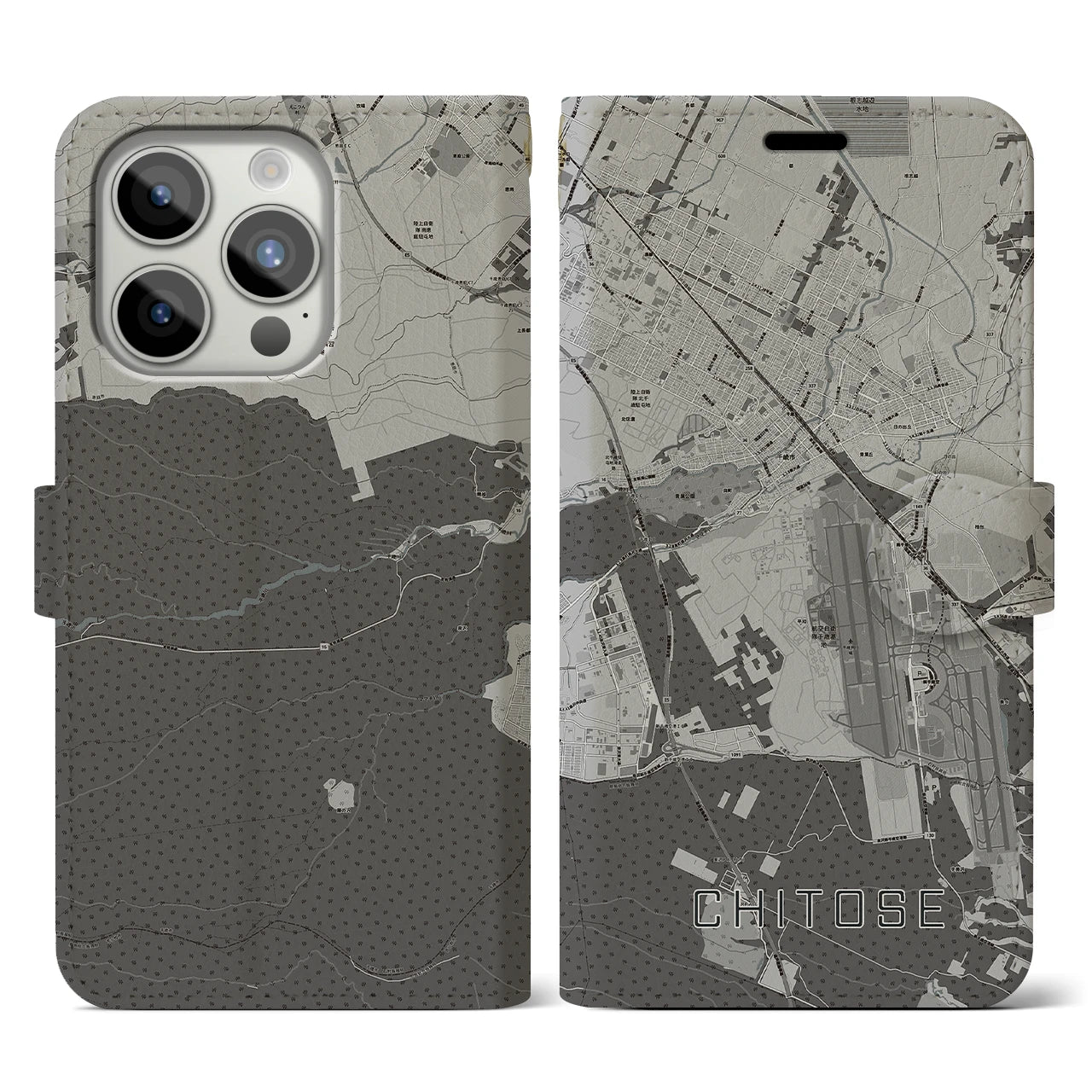 【千歳(北海道)】地図柄iPhoneケース(手帳タイプ)モノトーン・iPhone 15 Pro 用