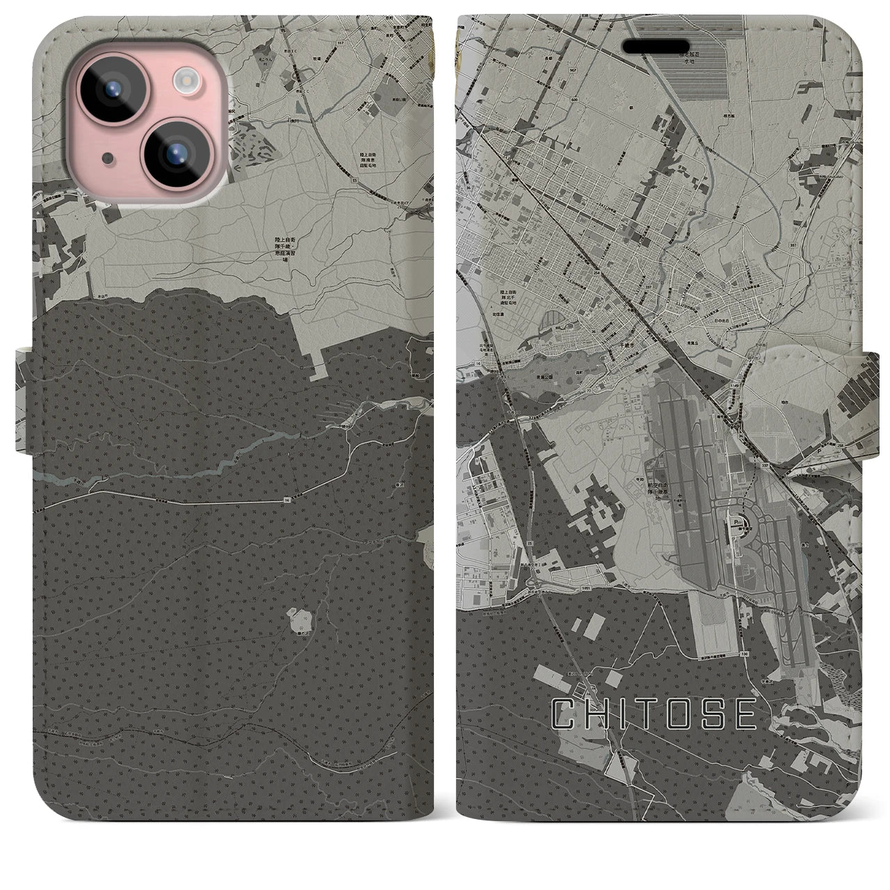 【千歳(北海道)】地図柄iPhoneケース(手帳タイプ)モノトーン・iPhone 15 Plus 用