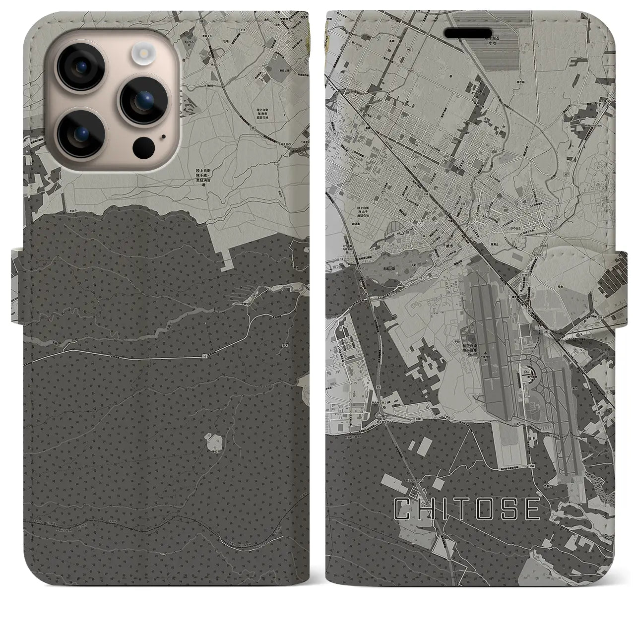 【千歳(北海道)】地図柄iPhoneケース(手帳タイプ)モノトーン・iPhone 16 Plus 用