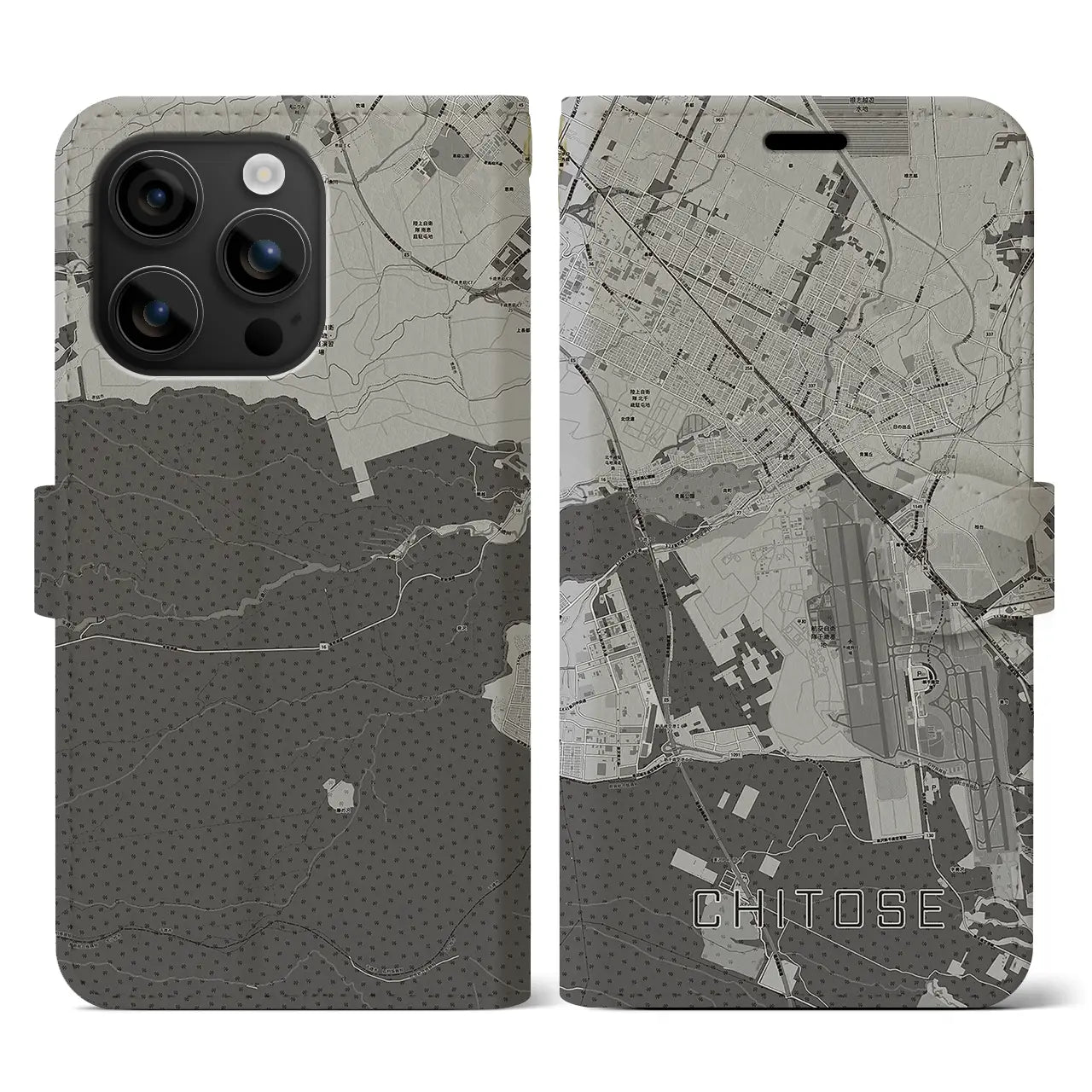 【千歳(北海道)】地図柄iPhoneケース(手帳タイプ)モノトーン・iPhone 16 用