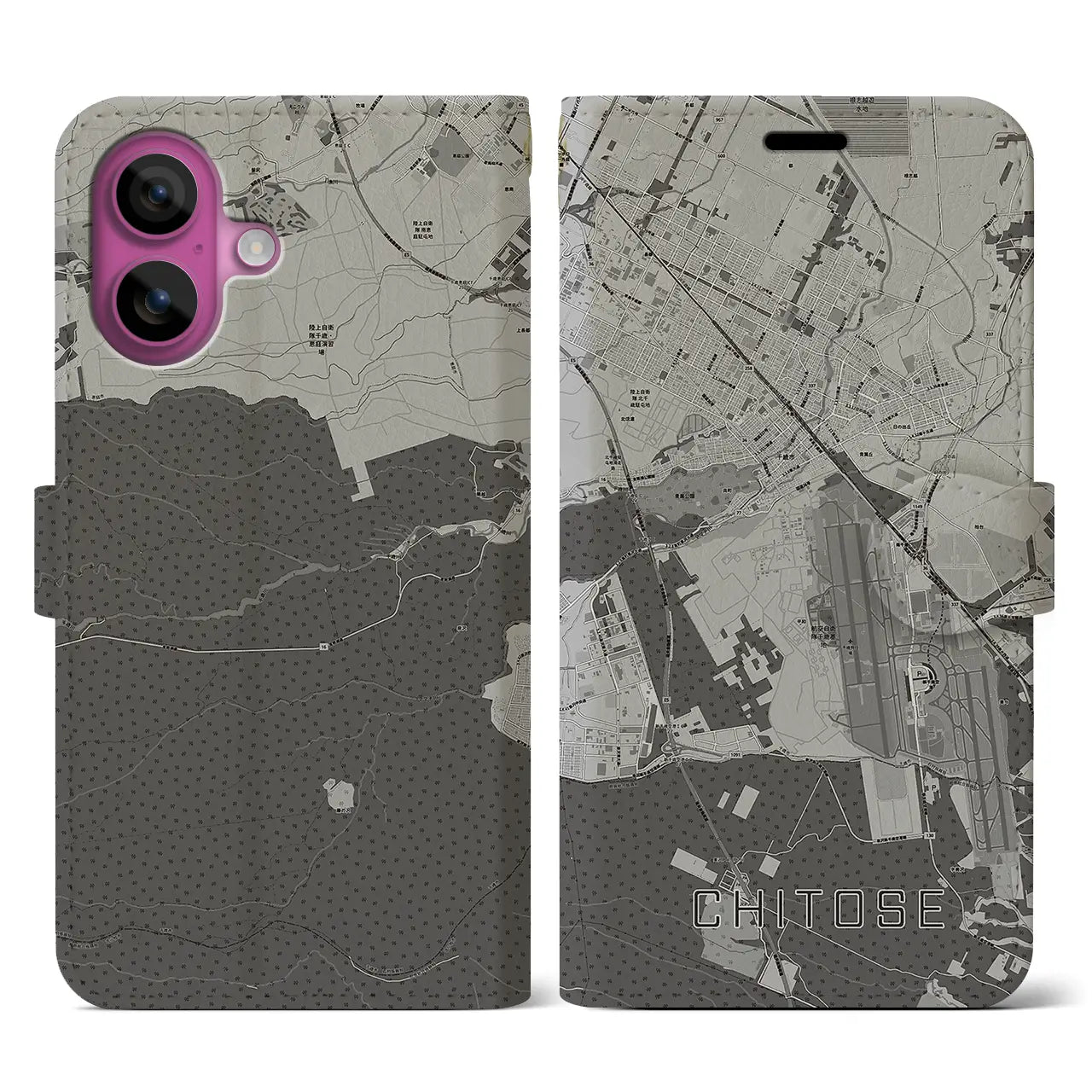【千歳(北海道)】地図柄iPhoneケース(手帳タイプ)モノトーン・iPhone 16 Pro 用