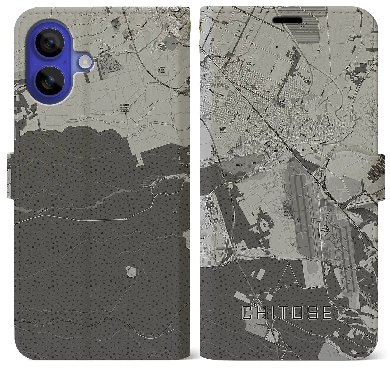 【千歳(北海道)】地図柄iPhoneケース(手帳タイプ)モノトーン・iPhone 16 Pro Max 用