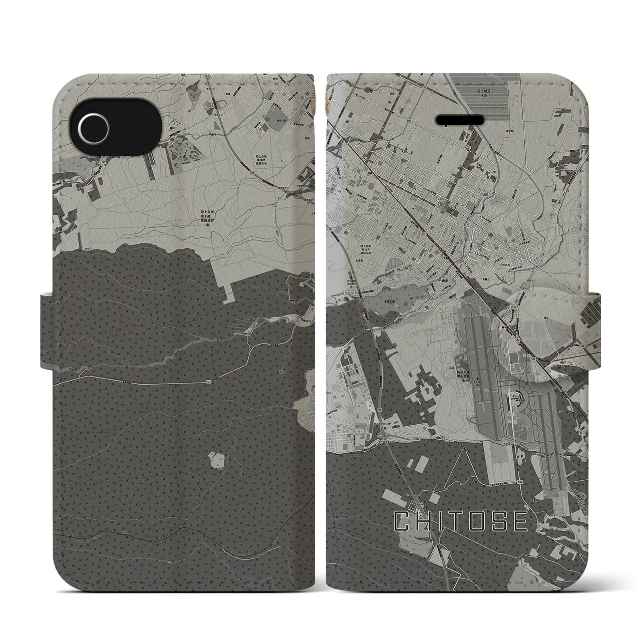 【千歳(北海道)】地図柄iPhoneケース(手帳タイプ)モノトーン・iPhone SE(第3 / 第2世代) / 8 / 7 / 6s / 6 用