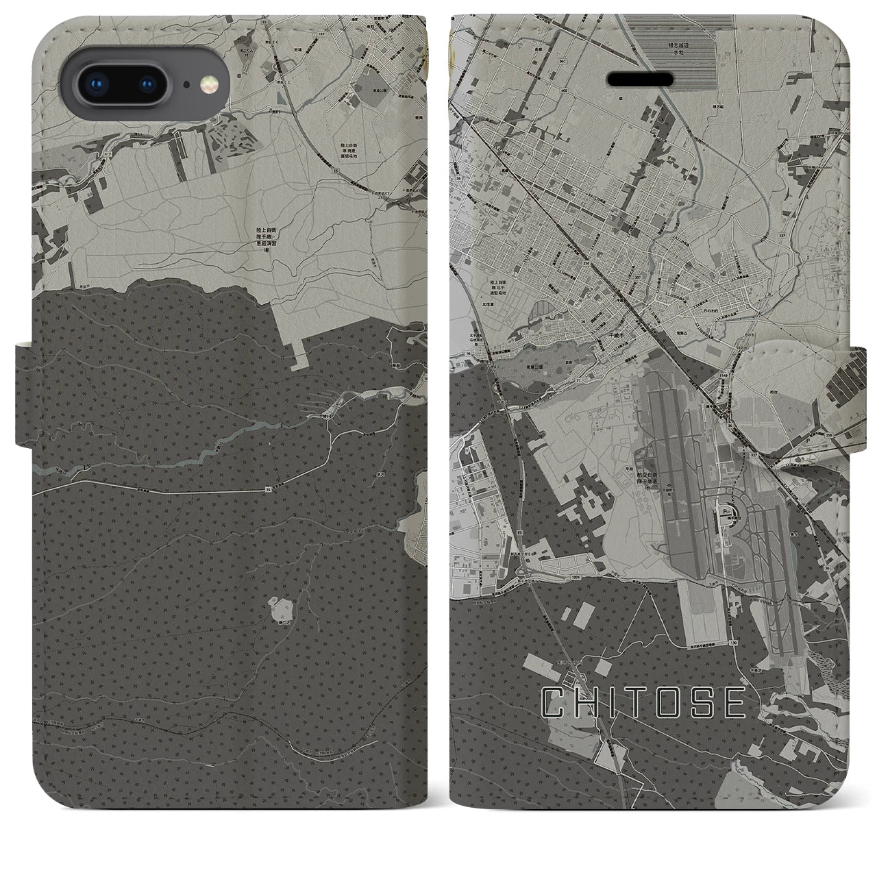 【千歳(北海道)】地図柄iPhoneケース(手帳タイプ)モノトーン・iPhone 8Plus /7Plus / 6sPlus / 6Plus 用
