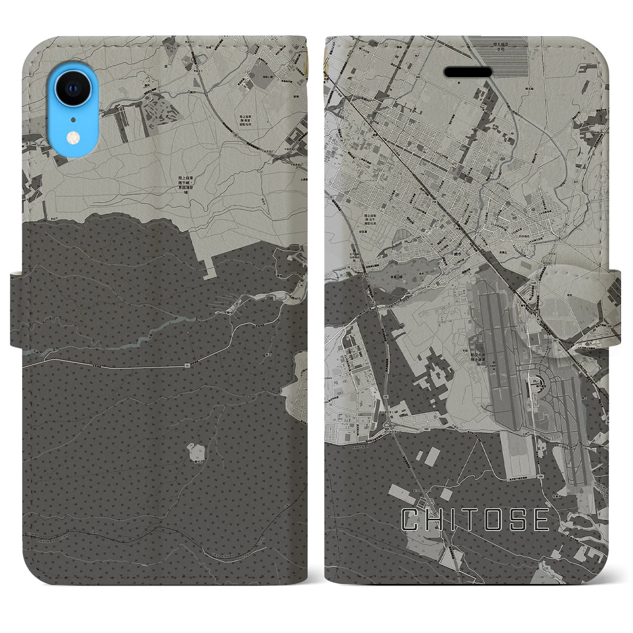 【千歳(北海道)】地図柄iPhoneケース(手帳タイプ)モノトーン・iPhone XR 用