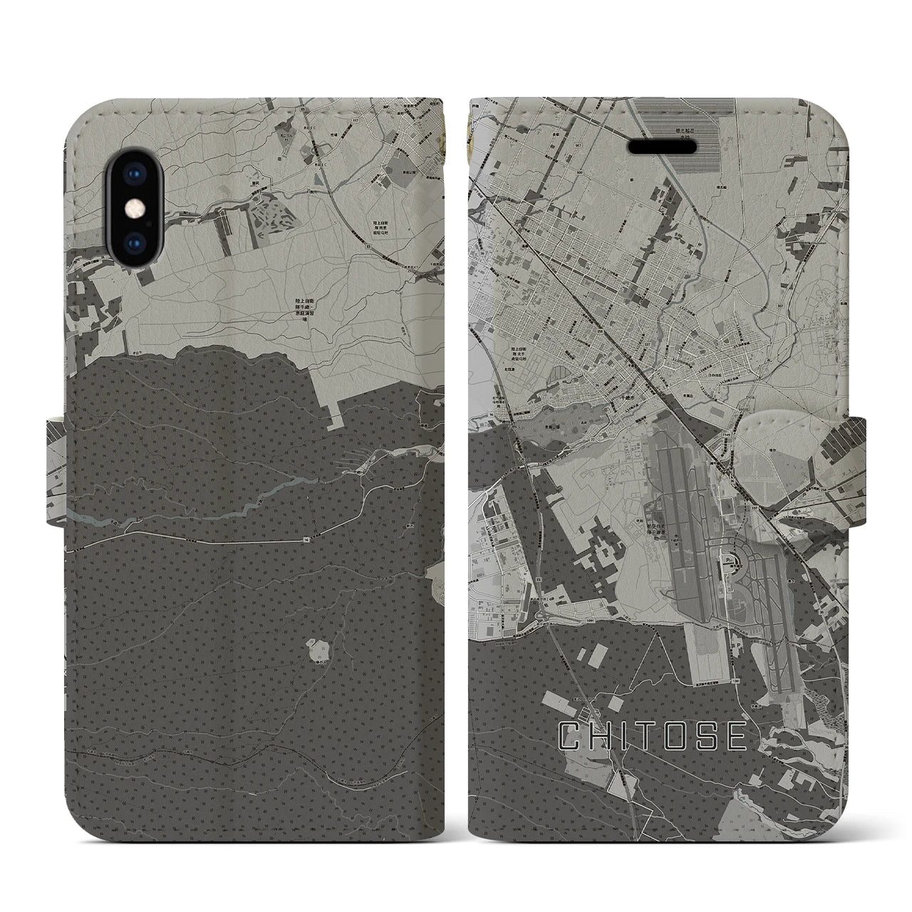 【千歳(北海道)】地図柄iPhoneケース(手帳タイプ)モノトーン・iPhone XS / X 用