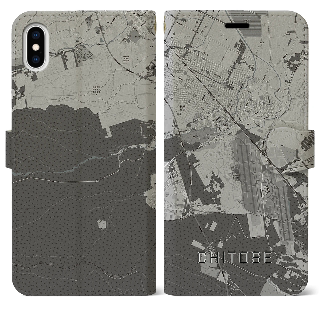 【千歳(北海道)】地図柄iPhoneケース(手帳タイプ)モノトーン・iPhone XS Max 用