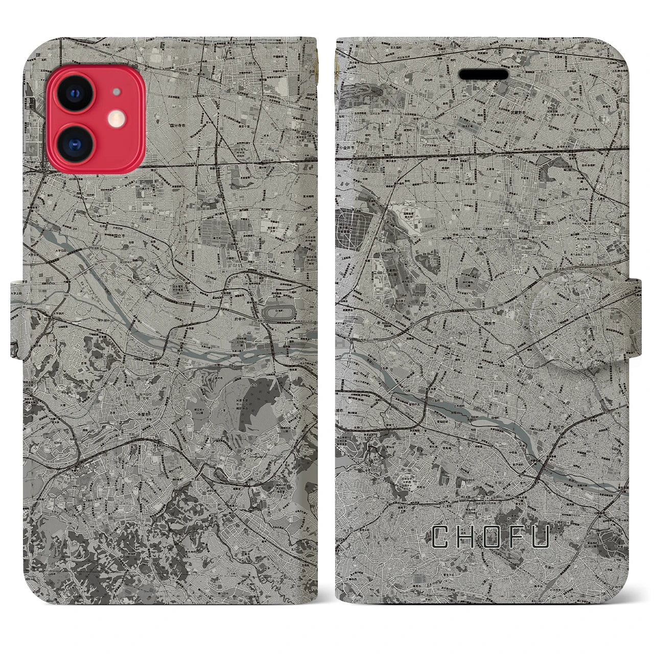 【調布2(東京都)】地図柄iPhoneケース(手帳タイプ)モノトーン・iPhone 11 用