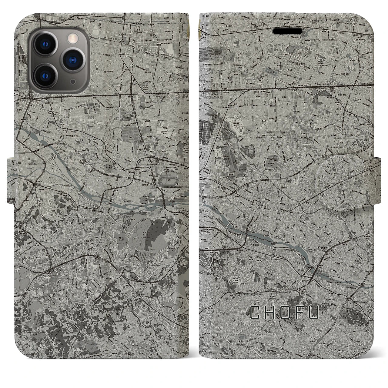 【調布2(東京都)】地図柄iPhoneケース(手帳タイプ)モノトーン・iPhone 11 Pro Max 用