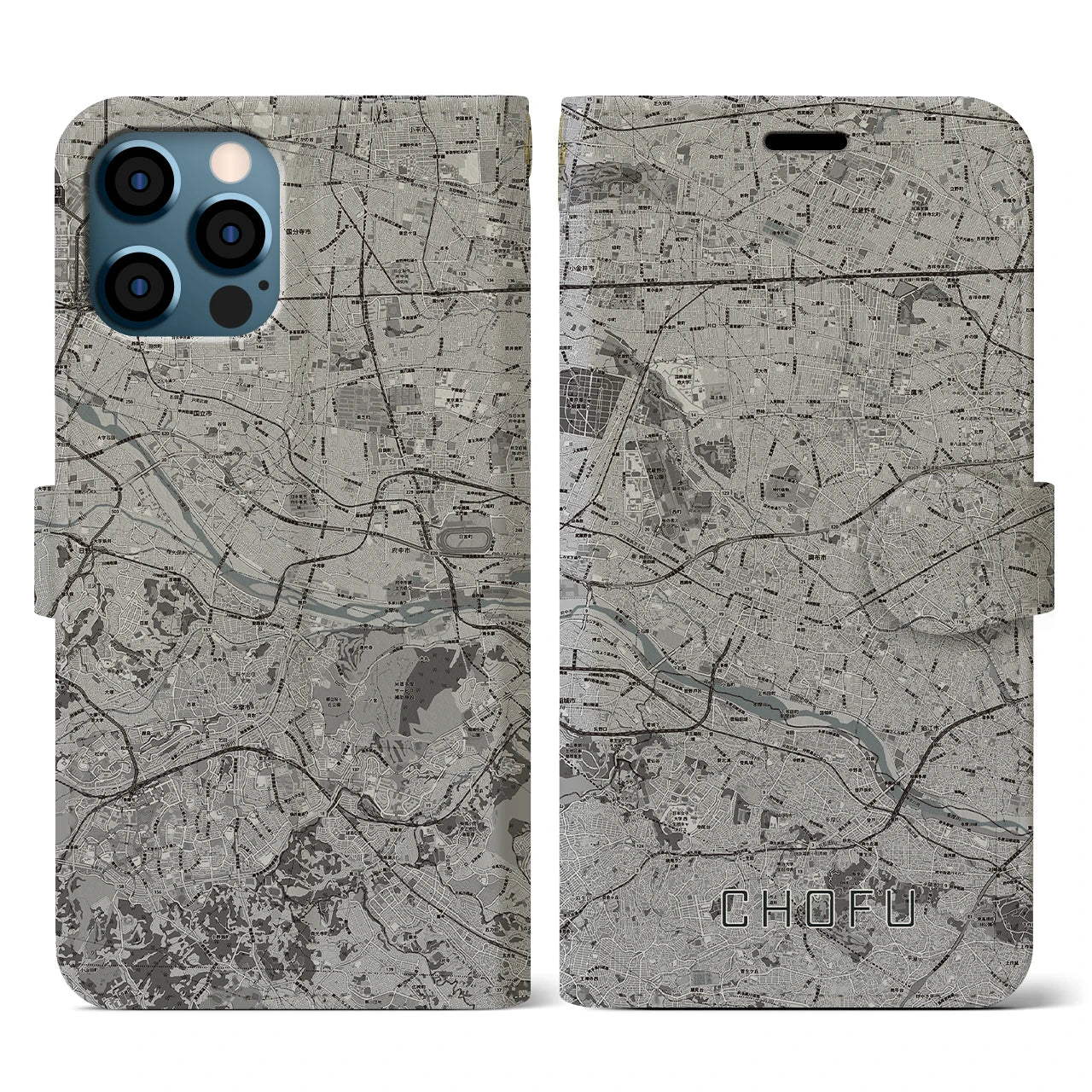 【調布2(東京都)】地図柄iPhoneケース(手帳タイプ)モノトーン・iPhone 12 / 12 Pro 用