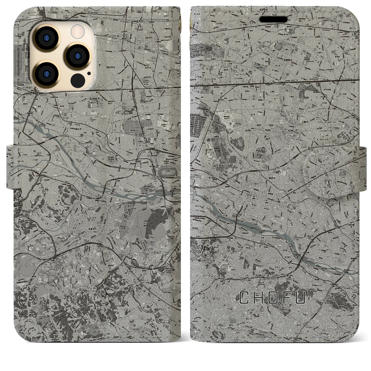 【調布2(東京都)】地図柄iPhoneケース(手帳タイプ)モノトーン・iPhone 12 Pro Max 用