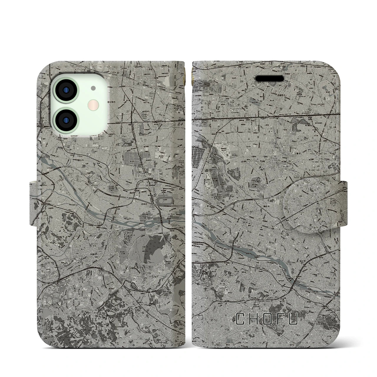 【調布2(東京都)】地図柄iPhoneケース(手帳タイプ)モノトーン・iPhone 12 mini 用