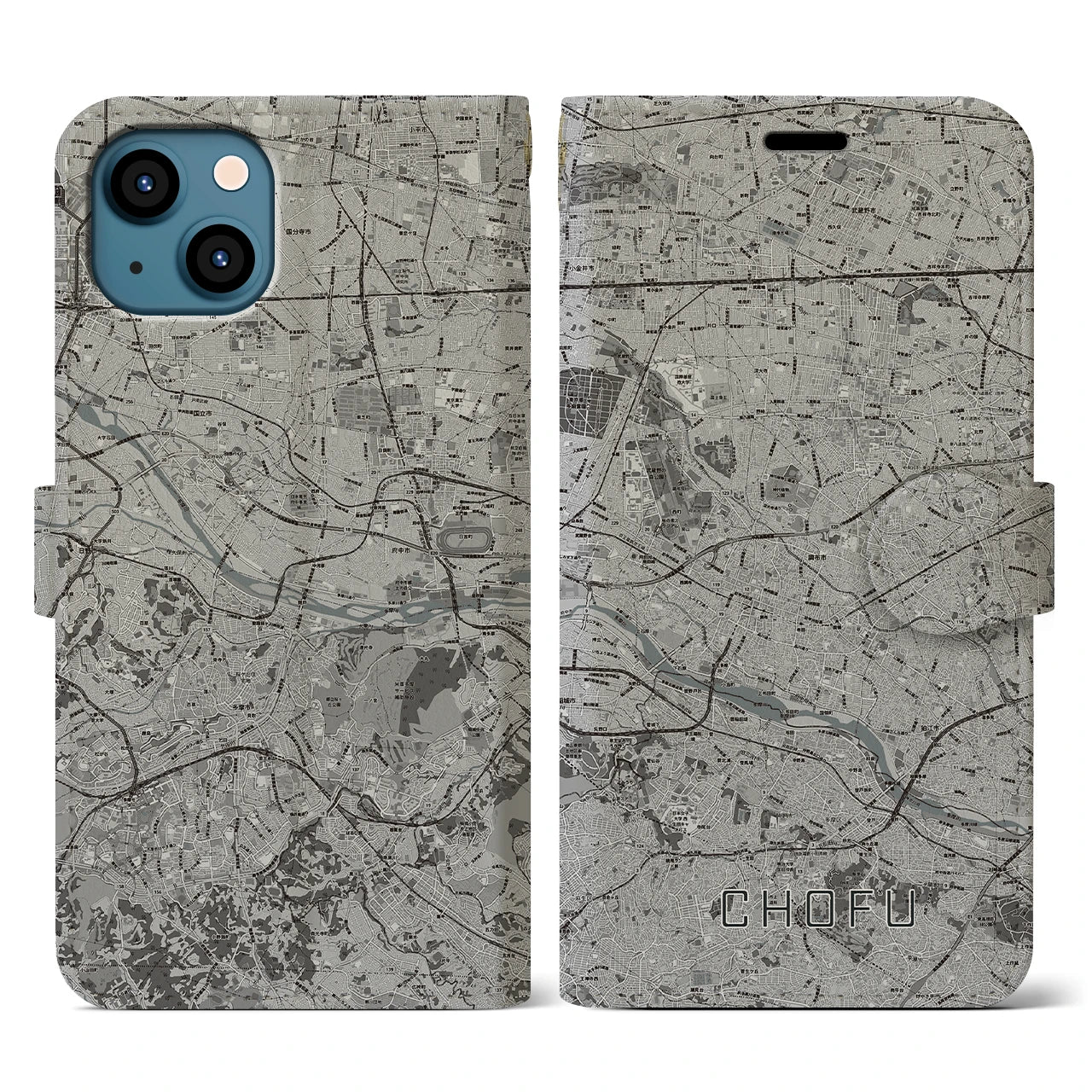 【調布2(東京都)】地図柄iPhoneケース(手帳タイプ)モノトーン・iPhone 13 用