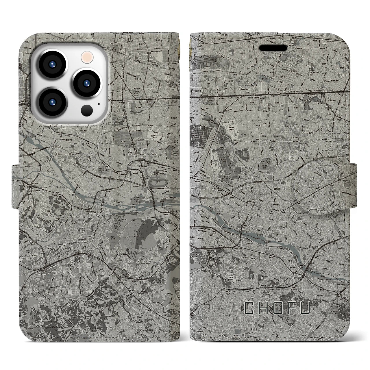 【調布2(東京都)】地図柄iPhoneケース(手帳タイプ)モノトーン・iPhone 13 Pro 用
