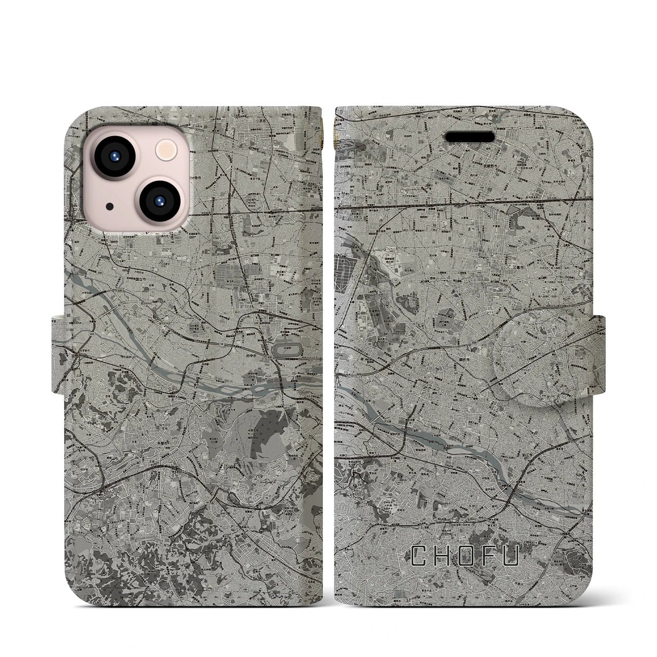 【調布2(東京都)】地図柄iPhoneケース(手帳タイプ)モノトーン・iPhone 13 mini 用