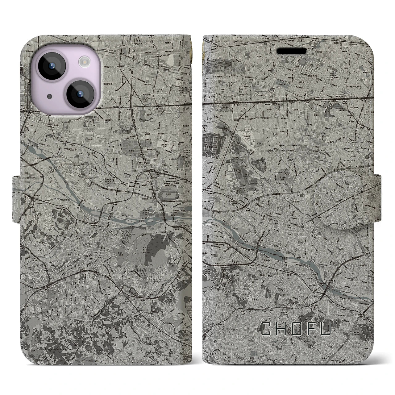 【調布2(東京都)】地図柄iPhoneケース(手帳タイプ)モノトーン・iPhone 14 用